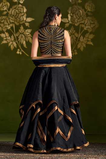 Shop_Almaari By Pooja Patel_Black Silk, Organza High Neck Rochika Embroidred Blouse Lehenga Set _at_Aza_Fashions