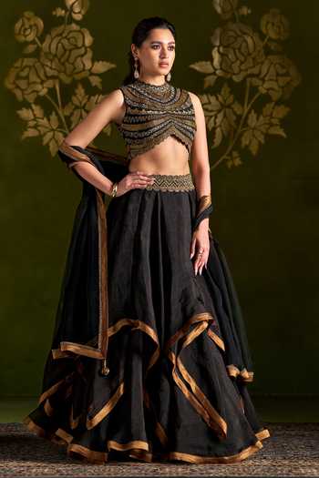 Shop_Almaari By Pooja Patel_Black Silk, Organza High Neck Rochika Embroidred Blouse Lehenga Set _Online_at_Aza_Fashions
