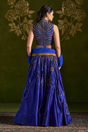 Shop_Almaari By Pooja Patel_Blue Silk, Organza High Neck Rohiniya Embroidered Lehenga Set _at_Aza_Fashions