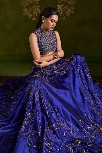 Almaari By Pooja Patel_Blue Silk, Organza High Neck Rohiniya Embroidered Lehenga Set _Online