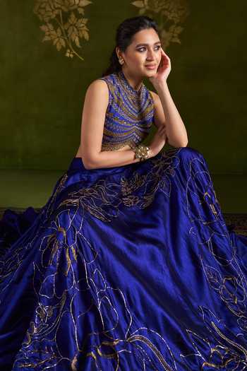 Buy_Almaari By Pooja Patel_Blue Silk, Organza High Neck Rohiniya Embroidered Lehenga Set _Online