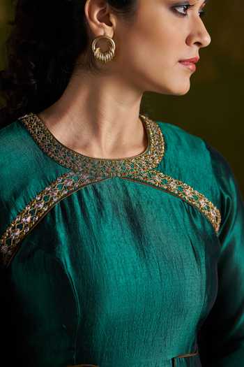 Shop_Almaari By Pooja Patel_Emerald Green Silk, Organza Round Neck Roshini Pure Anarkali Set _Online_at_Aza_Fashions