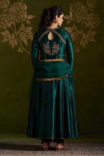 Shop_Almaari By Pooja Patel_Emerald Green Silk, Organza Round Neck Roshini Pure Anarkali Set _at_Aza_Fashions