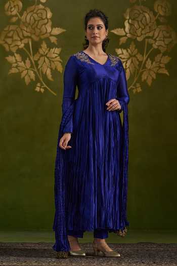 Buy_Almaari By Pooja Patel_Blue Silk V-neck Romila Pure Anarkali Set _Online_at_Aza_Fashions