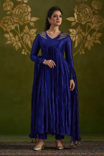 Shop_Almaari By Pooja Patel_Blue Silk V-neck Romila Pure Anarkali Set _Online_at_Aza_Fashions
