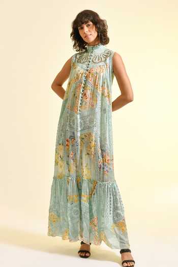 Buy_Bhanuni By Jyoti_Mint Viscose Halter Neck Madonna Printed Maxi Lace Dress _at_Aza_Fashions