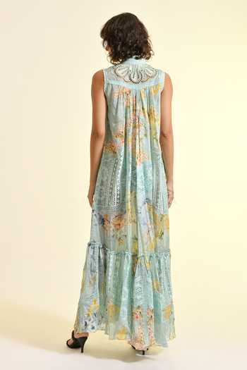 Shop_Bhanuni By Jyoti_Mint Viscose Halter Neck Madonna Printed Maxi Lace Dress _at_Aza_Fashions