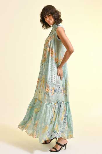 Shop_Bhanuni By Jyoti_Mint Viscose Halter Neck Madonna Printed Maxi Lace Dress _Online_at_Aza_Fashions