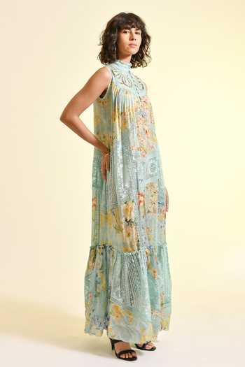 Bhanuni By Jyoti_Mint Viscose Halter Neck Madonna Printed Maxi Lace Dress _at_Aza_Fashions