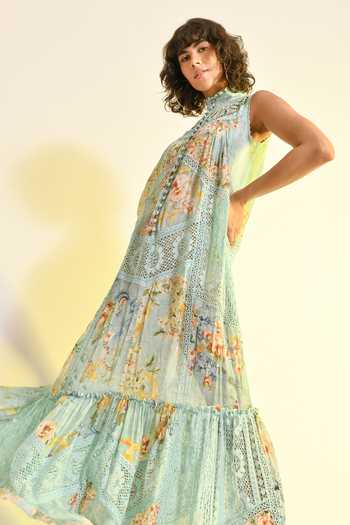 Buy_Bhanuni By Jyoti_Mint Viscose Halter Neck Madonna Printed Maxi Lace Dress 
