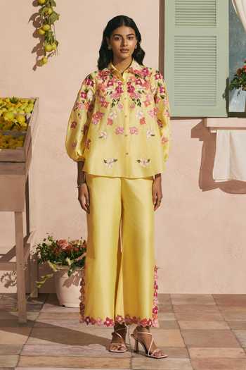 Chandrima_Yellow Chanderi Beads, Applique Collared Butter Bougainvillea Shirt _Online_at_Aza_Fashions