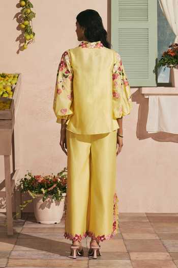 Shop_Chandrima_Yellow Chanderi Beads, Applique Collared Butter Bougainvillea Shirt _at_Aza_Fashions