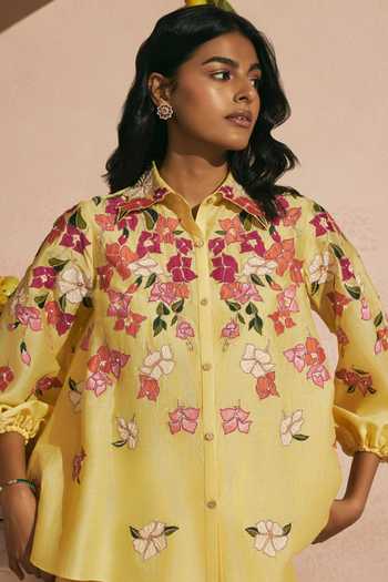 Buy_Chandrima_Yellow Chanderi Beads, Applique Collared Butter Bougainvillea Shirt _at_Aza_Fashions