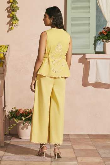 Shop_Chandrima_Yellow Cotton, Twill Beads, Cut Work V-neck Butter Waistcoat _at_Aza_Fashions