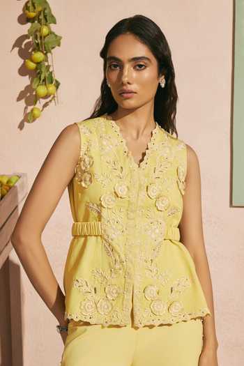 Buy_Chandrima_Yellow Cotton, Twill Beads, Cut Work V-neck Butter Waistcoat _at_Aza_Fashions