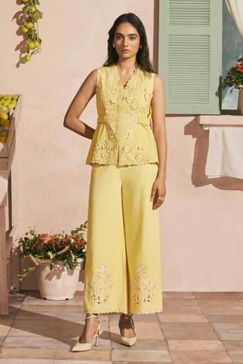 Chandrima_Yellow Cotton, Twill Beads, Cut Work V-neck Butter Waistcoat _Online_at_Aza_Fashions