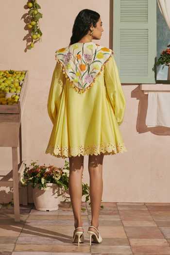 Shop_Chandrima_Yellow Chanderi Embroidery, Beads, Cut Work Butter Short Dress With Tulip Cape _at_Aza_Fashions