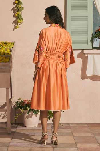Shop_Chandrima_Orange Chanderi Beads, Applique Collared Bougainvillea Pleated Dress _at_Aza_Fashions
