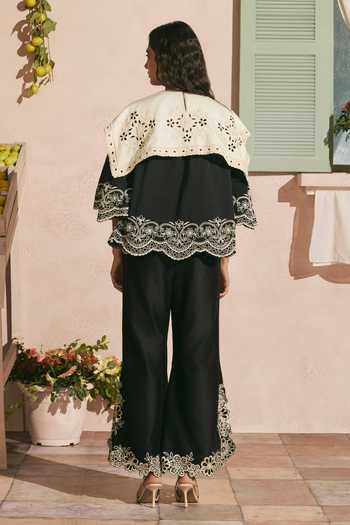 Shop_Chandrima_Black Poplin Beads, Cut Work High Neck Contrast Collar Top _at_Aza_Fashions