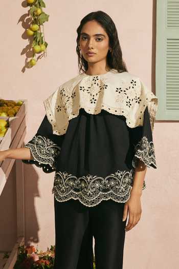 Buy_Chandrima_Black Poplin Beads, Cut Work High Neck Contrast Collar Top _at_Aza_Fashions