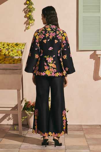 Shop_Chandrima_Black Chanderi Beads, Applique Bougainvillea Embroidered Palazzo _at_Aza_Fashions