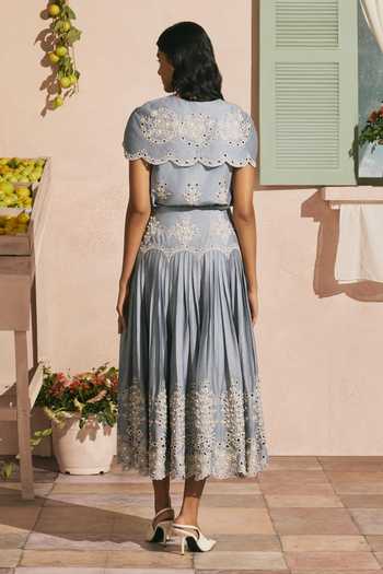 Shop_Chandrima_Blue Chanderi Cut Work, Beads Powder Contrast Cutwork Pleated Skirt _at_Aza_Fashions