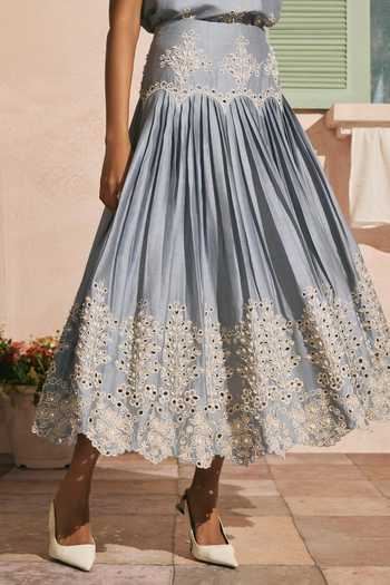 Chandrima_Blue Chanderi Cut Work, Beads Powder Contrast Cutwork Pleated Skirt _Online_at_Aza_Fashions