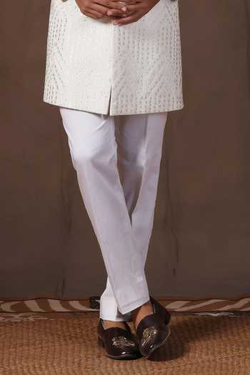 ZOOP MEN_White Jacquard, Lycra, Polyester, Silk Thread Embroidered Sherwani Set _Online_at_Aza_Fashions
