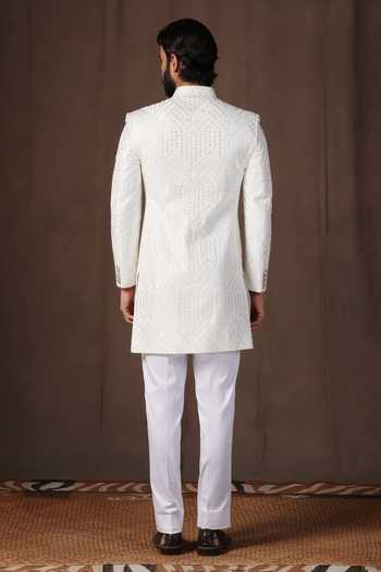 Shop_ZOOP MEN_White Jacquard, Lycra, Polyester, Silk Thread Embroidered Sherwani Set _at_Aza_Fashions