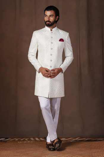 Buy_ZOOP MEN_White Jacquard, Lycra, Polyester, Silk Thread Embroidered Sherwani Set _at_Aza_Fashions