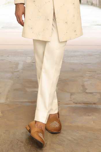 ZOOP MEN_Cream Velvet, Jacquard, Lycra, Polyester, Silk Hand Embroidered Sherwani Set _Online_at_Aza_Fashions