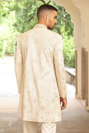 Shop_ZOOP MEN_Cream Velvet, Jacquard, Lycra, Polyester, Silk Hand Embroidered Sherwani Set _at_Aza_Fashions