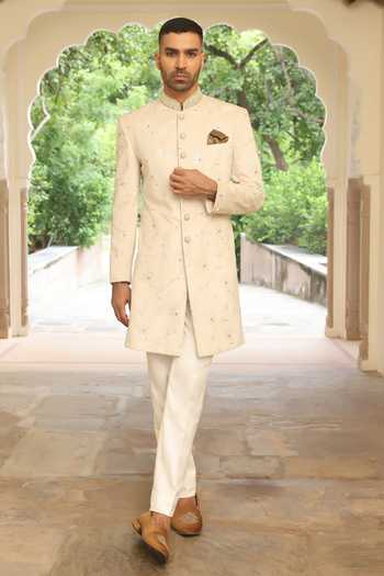 Buy_ZOOP MEN_Cream Velvet, Jacquard, Lycra, Polyester, Silk Hand Embroidered Sherwani Set _at_Aza_Fashions