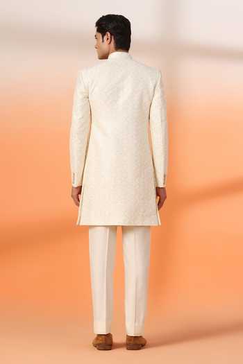 Shop_ZOOP MEN_Gold Jacquard, Lycra, Polyester, Silk Thread And Sequin Embroidered Sherwani Set _at_Aza_Fashions