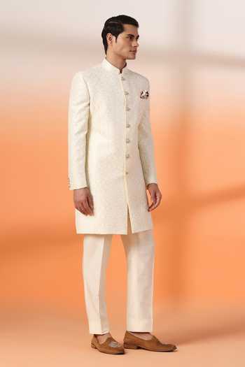 Buy_ZOOP MEN_Gold Jacquard, Lycra, Polyester, Silk Thread And Sequin Embroidered Sherwani Set _Online_at_Aza_Fashions