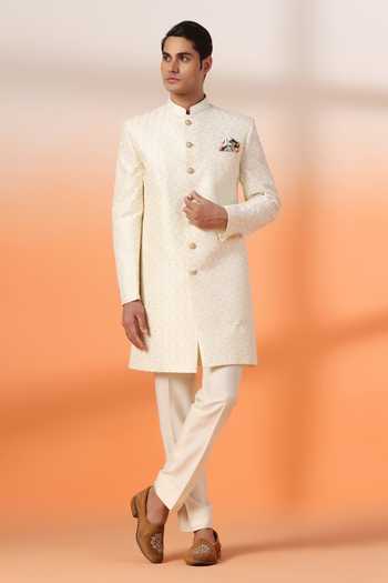Buy_ZOOP MEN_Gold Jacquard, Lycra, Polyester, Silk Thread And Sequin Embroidered Sherwani Set _at_Aza_Fashions