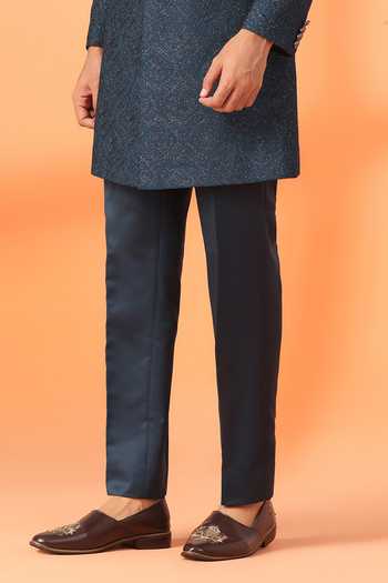 ZOOP MEN_Blue Jacquard, Terrycloth, Rayon Thread Embroidered Sherwani Set _Online_at_Aza_Fashions