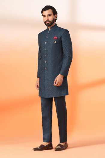 Buy_ZOOP MEN_Blue Jacquard, Terrycloth, Rayon Thread Embroidered Sherwani Set _at_Aza_Fashions