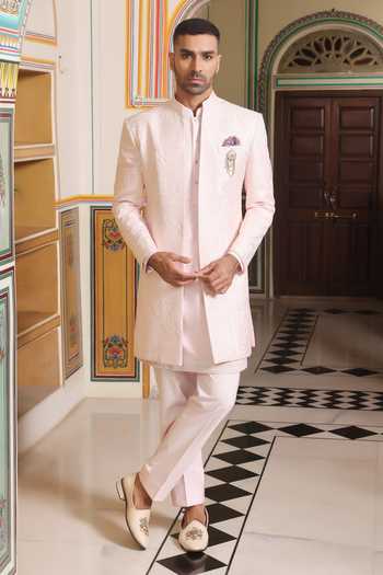 Buy_ZOOP MEN_Pink Jacquard, Polyester, Silk Hand Embroidered Sherwani Jacket Set _at_Aza_Fashions