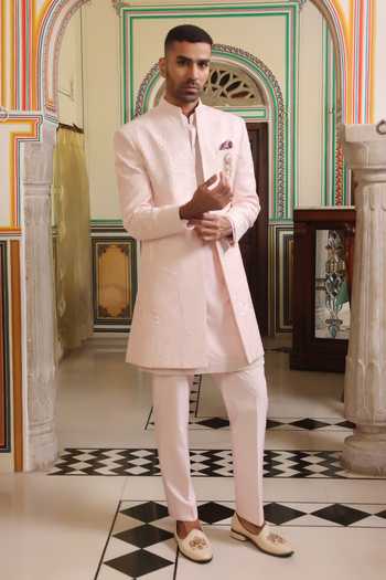 Shop_ZOOP MEN_Pink Jacquard, Polyester, Silk Hand Embroidered Sherwani Jacket Set _at_Aza_Fashions