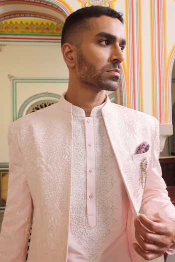 ZOOP MEN_Pink Jacquard, Polyester, Silk Hand Embroidered Sherwani Jacket Set _at_Aza_Fashions