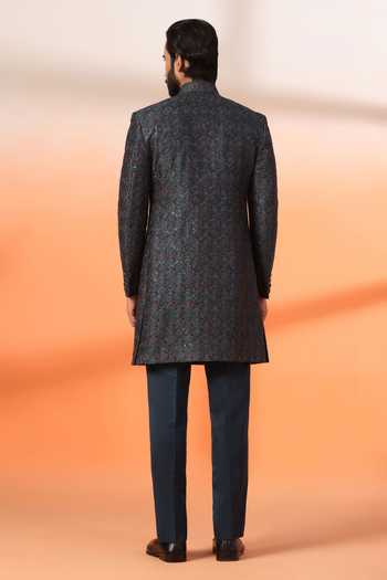 Shop_ZOOP MEN_Teal Jacquard, Rayon Sequin Embroidered Sherwani Set _at_Aza_Fashions