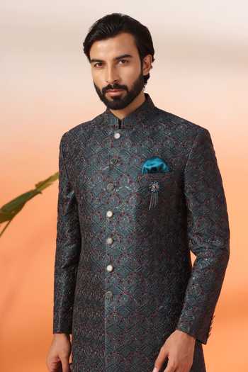 Shop_ZOOP MEN_Teal Jacquard, Rayon Sequin Embroidered Sherwani Set _Online_at_Aza_Fashions