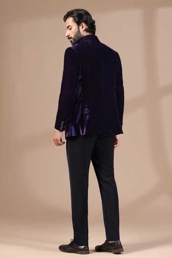 Shop_ZOOP MEN_Purple Velvet, Rayon Brooches Tuxedo Set _at_Aza_Fashions