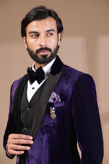 Buy_ZOOP MEN_Purple Velvet, Rayon Brooches Tuxedo Set _Online_at_Aza_Fashions