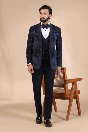Buy_ZOOP MEN_Blue Jacquard, Rayon Embroidery, Sequins Tuxedo Set _at_Aza_Fashions
