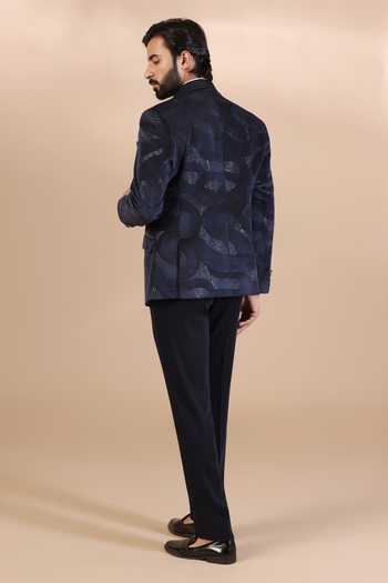 Shop_ZOOP MEN_Blue Jacquard, Rayon Embroidery, Sequins Tuxedo Set _at_Aza_Fashions
