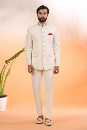 Buy_ZOOP MEN_Off White Jacquard, Organza, Rayon Embroidery, Pearls Hand Bandhgala Set _at_Aza_Fashions