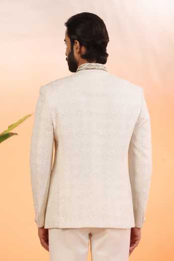Shop_ZOOP MEN_Off White Jacquard, Organza, Rayon Embroidery, Pearls Hand Bandhgala Set _at_Aza_Fashions