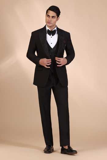 Buy_ZOOP MEN_Black Rayon Embroidery Placed Floral Pattern Tuxedo Set _at_Aza_Fashions